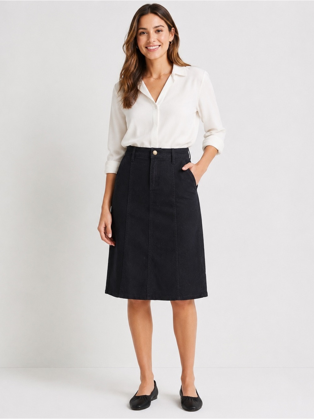 Draper James Black Denim Midi Skirt Size 2